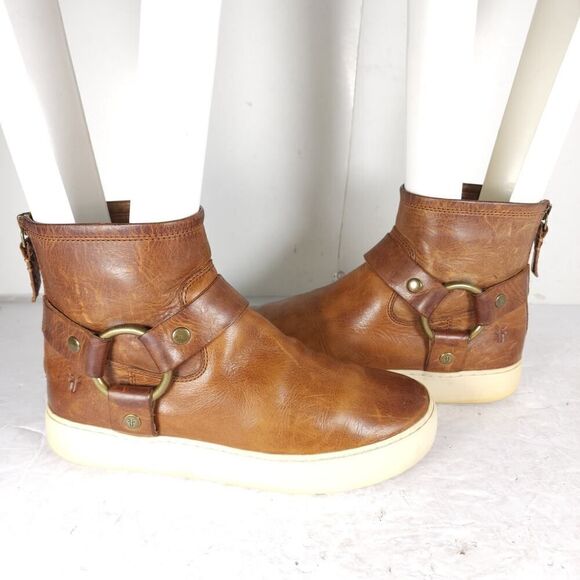 Frye Women’s Lena US6,5 Cognac Brown Leather Back Zip Harness Ankle Boots - Picture 7 of 16